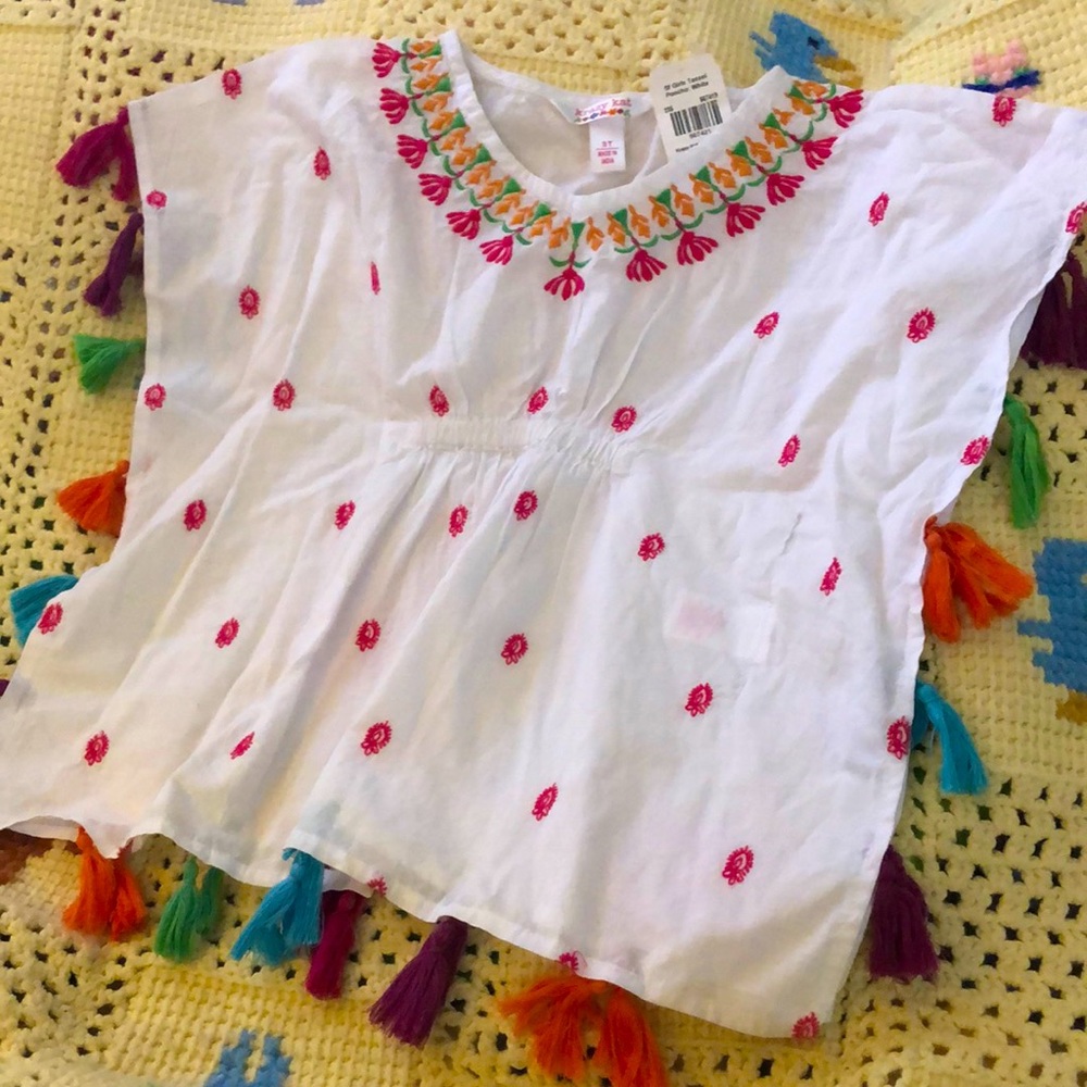 Krazy Kat 3T Poncho Beach Cover-up 100% Cotton w/ Embroidery & Tassels NWT